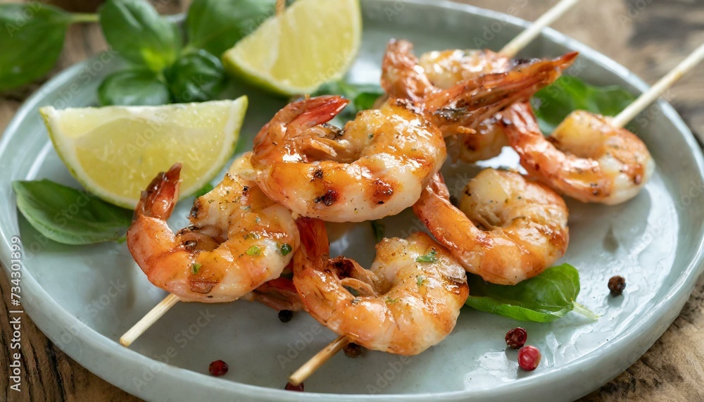 Grilled Shrimps on a Skewer Close-up Shot Grilled Shrimps on a Skewer Close-up Shot