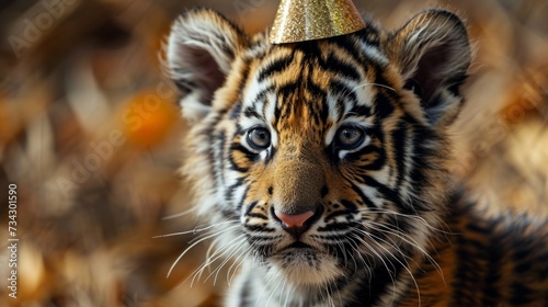 Tiger cub with birthday hat  golden background  generative ai