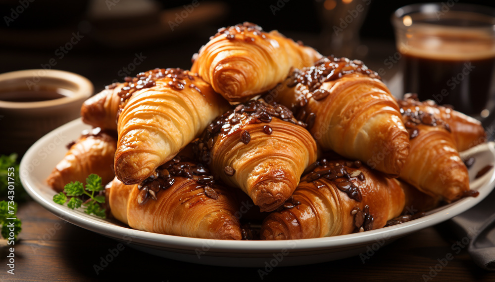Freshly baked croissant on wooden table, perfect breakfast with coffee generated by AI