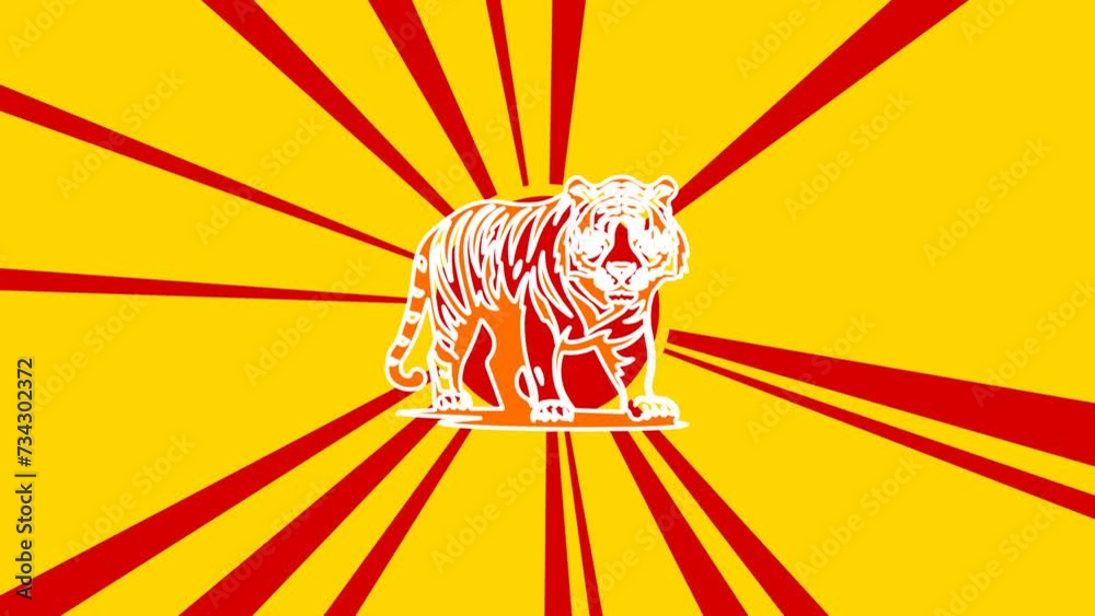 Tiger symbol on the background of animation from moving rays of the sun. Large orange symbol increases slightly. Seamless looped 4k animation on yellow background