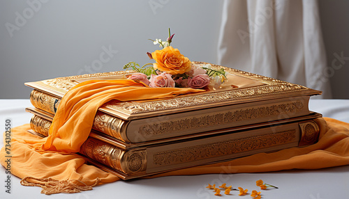 Elegant bedroom decor  silk pillow, antique vase, and floral arrangement generated by AI