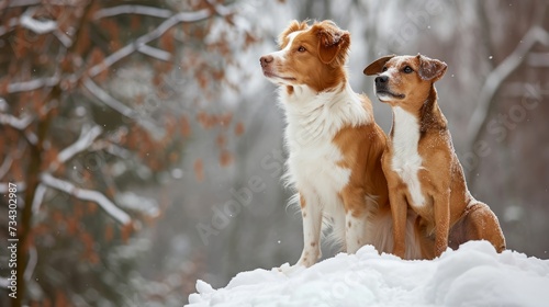 Two dogs perch on a snow-covered hill, generative ai © Francheska