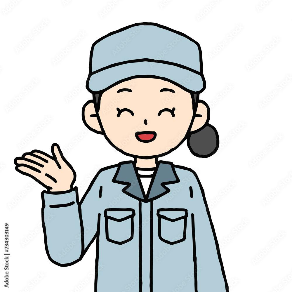 作業着を着た女性が案内をしている 作業着を着た女性が案内をしている