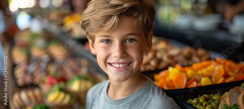 Cheerful young boy and other children enjoying buffet at elementary school or hotel cafeteria