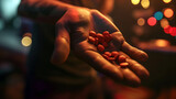 Closeup of handful of red pills in palm with dark nightclub background