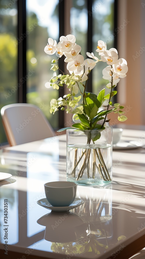 A close-up of a modern conference table with a glossy white surface and chrome accents. The table is set with laptops, notebooks, and a vase of fresh flowers. The clean lines and