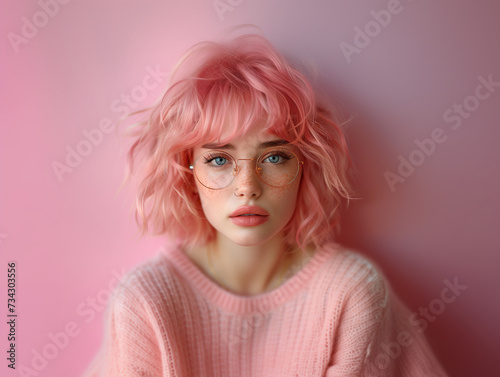 Model girl woman with pink hair and light blue eyes