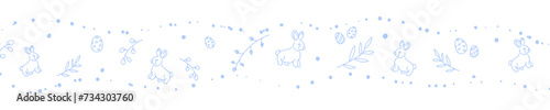 Vector. Cute hand drawn Easter horizontal background with bunnies, easter eggs. Festive background with Easter linear symbols. Copy space for text. Design cards, banners and other promotional items.