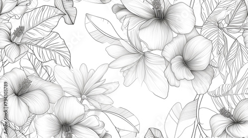 Wallpaper design with floral paint brush line art. Leaves and flowers nature design. Coloring book photo
