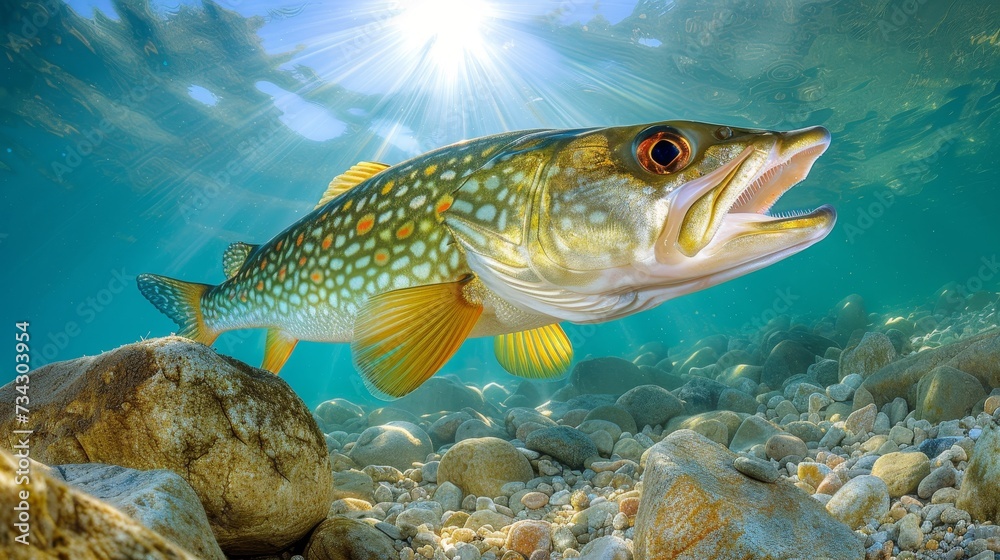 Pike fish hunting for prey underwater sport fishing concept in captivating habitat Pike fish hunting for prey underwater sport fishing concept in captivating habitat