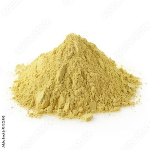 close up pile of finely dry organic fresh raw lemongrass powder isolated on white background. bright colored heaps of herbal, spice or seasoning recipes clipping path. selective focus photo