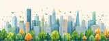 Green springtime cityscape with blooming trees and flying birds, portraying growth and renewal.