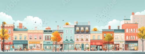Colorful main street scene with fall colors and clear skies, symbolizing a cozy, small-town atmosphere. photo