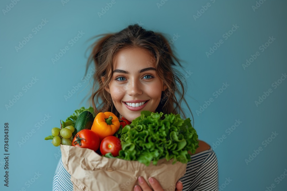 Young smiling happy woman wearing casual clothes shopping at supermaket with craft paper package Young smiling happy woman wearing casual clothes shopping at supermaket with craft paper package