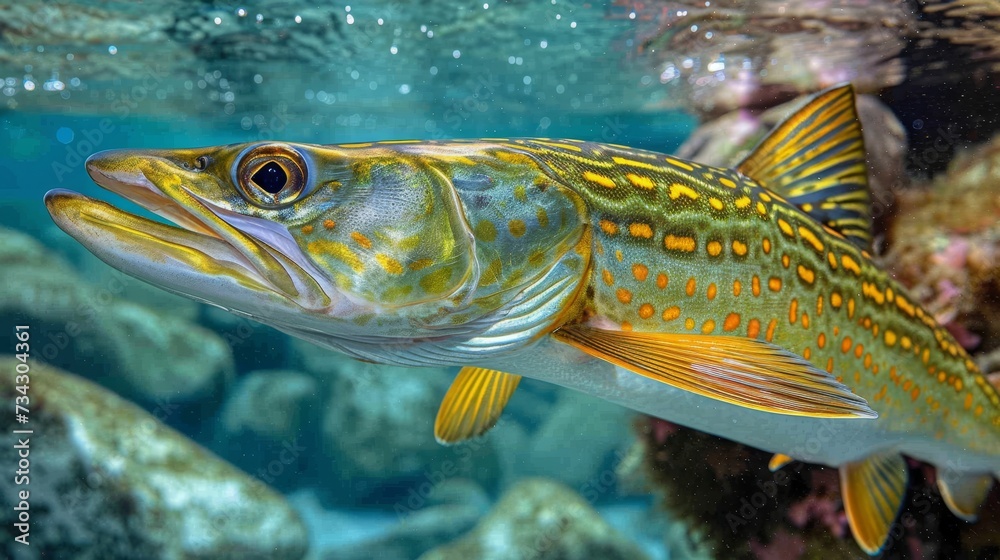 Obraz premium Underwater predator pike hunting prey in natural habitat sport fishing concept