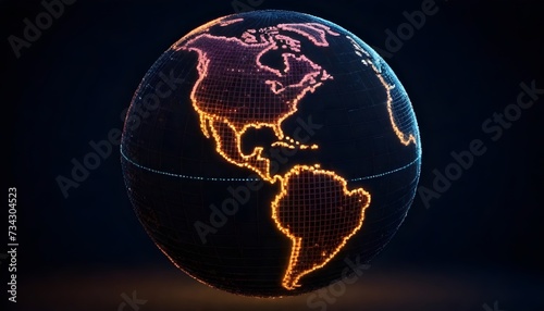 A stylized globe with a grid design and illuminated connections against a dark background, representing a concept of global connectivity and technology