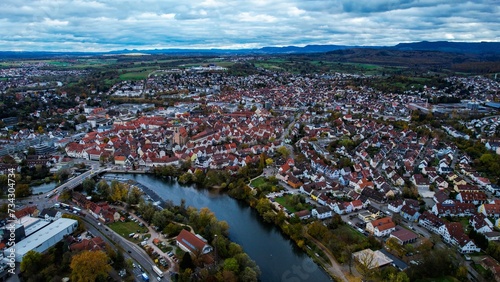 Aerial view of the old town Nürtingen in Germany on a sunny day in autumn 