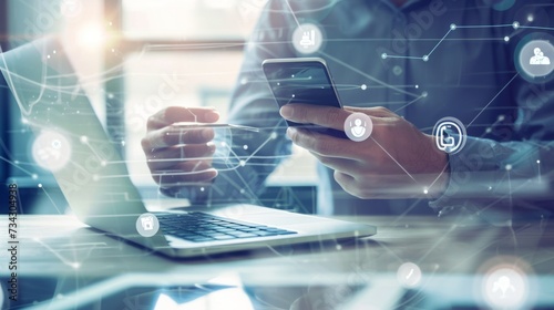 Businessman working with smartphone, tablet and laptop computer on table in office. generative ai