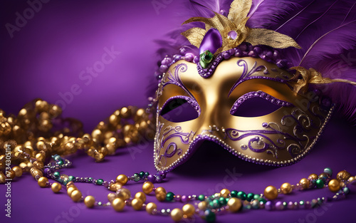Template with Mardi Gras carnival mask and beads on a purple plain background