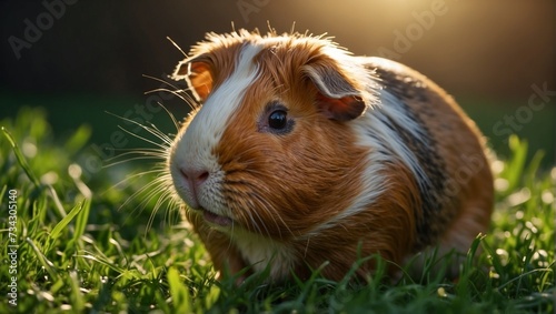 Cute guinea pig on the green grass. Pet. Nature, the rays of the sun. A small mammal in nature. Rodent.