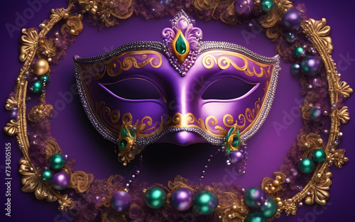 Template with Mardi Gras carnival mask and beads on a purple plain background