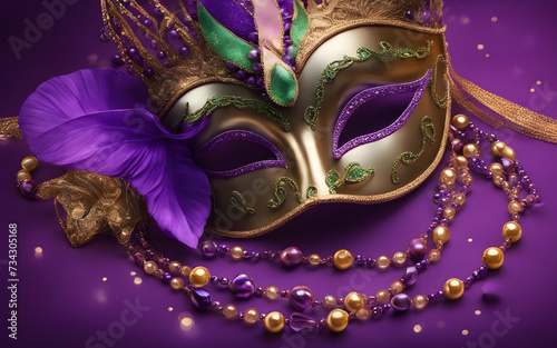 Template with Mardi Gras carnival mask and beads on a purple plain background © julien.habis