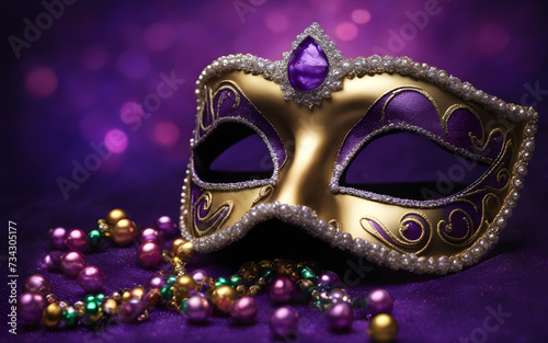 Template with Mardi Gras carnival mask and beads on a purple plain background © julien.habis