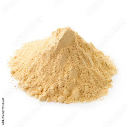 close up pile of finely dry organic fresh raw lentil flour powder isolated on white background. bright colored heaps of herbal, spice or seasoning recipes clipping path. selective focus