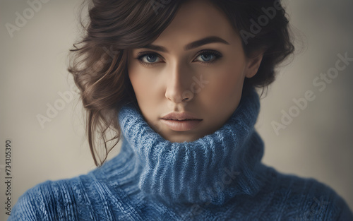 Woman in blue turtleneck knitted sweater sadly looking at camera while covering sad face photo