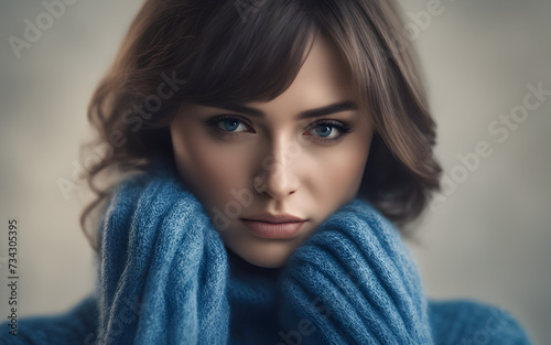 Woman in blue turtleneck knitted sweater sadly looking at camera while covering sad face photo