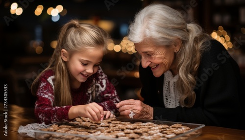 Joyful grandmother and granddaughter baking christmas cookies in cozy kitchen with colorful cutters