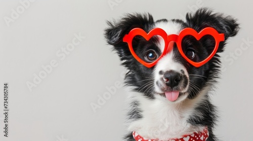 Funny border collie puppy with red heart-shaped glasses generative ai © Francheska