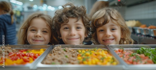 Children laughing and enjoying delicious buffet food at elementary school or hotel cafeteria