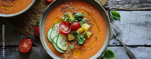 served gazpacho soup, traditional spanish dish