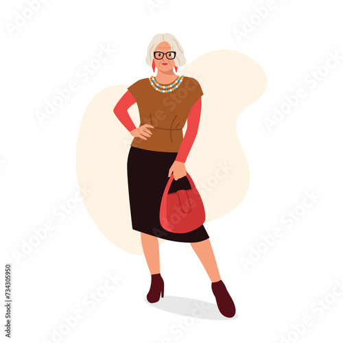 Vector illustration of a stylish elderly woman. Cartoon scene of beautiful elderly woman with gray hair wearing vest, midi skirt, high heels, handbag, stylish jewelry isolated on white background.