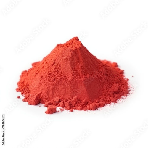 close up pile of finely dry organic fresh raw lycopene powder isolated on white background. bright colored heaps of herbal, spice or seasoning recipes clipping path. selective focus photo