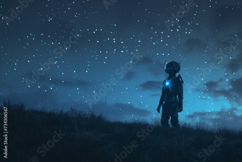robot reflects on the meaning of existence against the backdrop of the starry sky