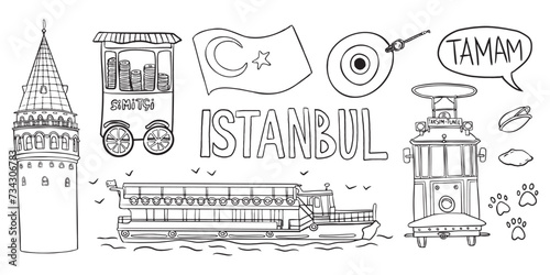 Line drawing of iconic Istanbul symbols: Galata Tower, tram, ferry, Turkish flag, simit cart, and "Tamam" speech bubble.