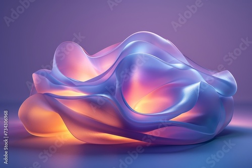 3D comment icon, digitally enhanced, luminous spheres, shaped canvas, flattened perspective, organic and flowing forms, intense lighting and shadow, purple and blue, background photo