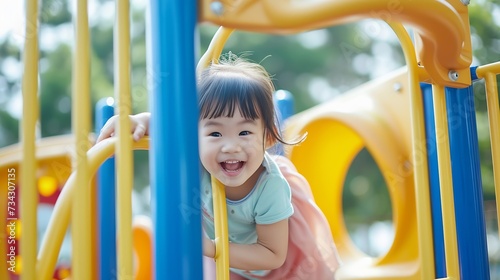 Generative AI : child smiling playing on slider bar toy outdoor playground
