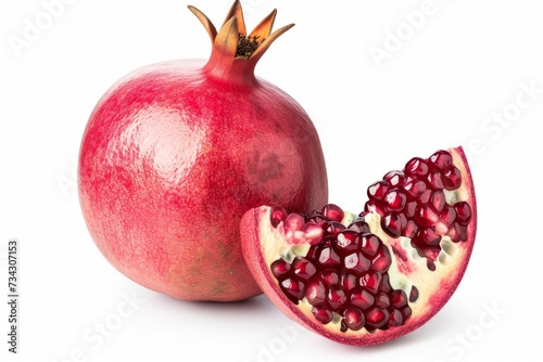 cut pomegranate and seeds isolated on white background