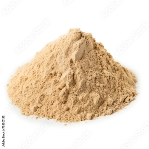 close up pile of finely dry organic fresh raw maca root powder isolated on white background. bright colored heaps of herbal, spice or seasoning recipes clipping path. selective focus