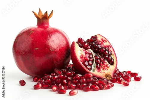 close up cut pomegranate and seeds isolated on white background