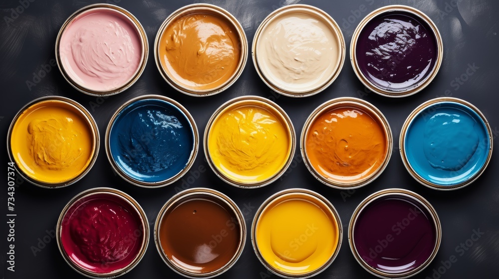 Colorful open paint cans in top view flat lay, ideal for creative projects and inspiration.