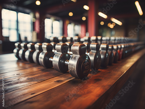 dumbbells on row in a gym