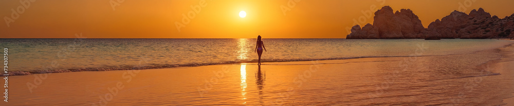 A moment of solitude: captivating landscape with a woman standing on a beach next to the ocean at sunset, embracing the serenity of the scenic water and the colorful sky