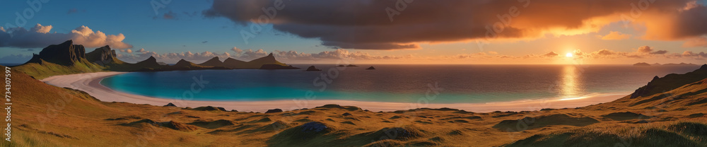 Nature's masterpiece: a scenic landscape of a tropical island's coastline with a panoramic view of laguna at sunset - obrazy, fototapety, plakaty 