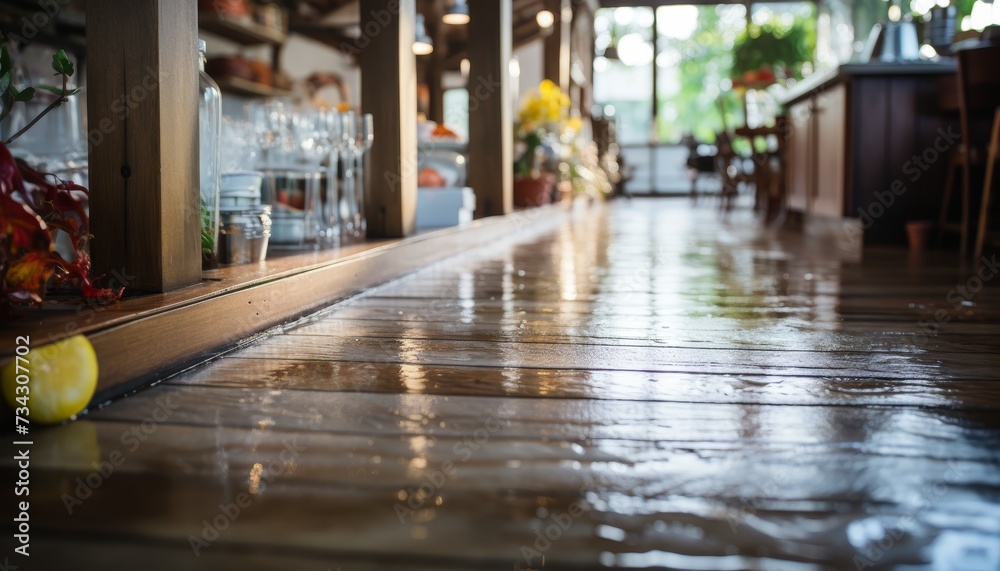 Water leak causes kitchen floor damage   property insurance concept, home flooding and repair costs