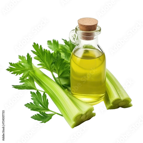 fresh raw organic celery oil in glass bowl png isolated on white background with clipping path. natural organic dripping serum herbal medicine rich of vitamins concept. selective focus