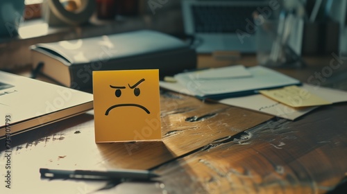a sticky note with an suspicious face drawn on it by a disgruntled employee  photo